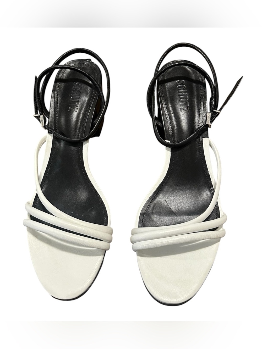 SCHUTZ  Leather Mid-Block Heeled Sandals Aiyra Black/White